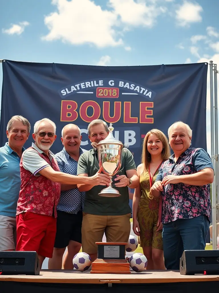 A photograph of the BOULOU PLUNED CLUB championship event, featuring the winning team holding a trophy, with the club banner prominently displayed.