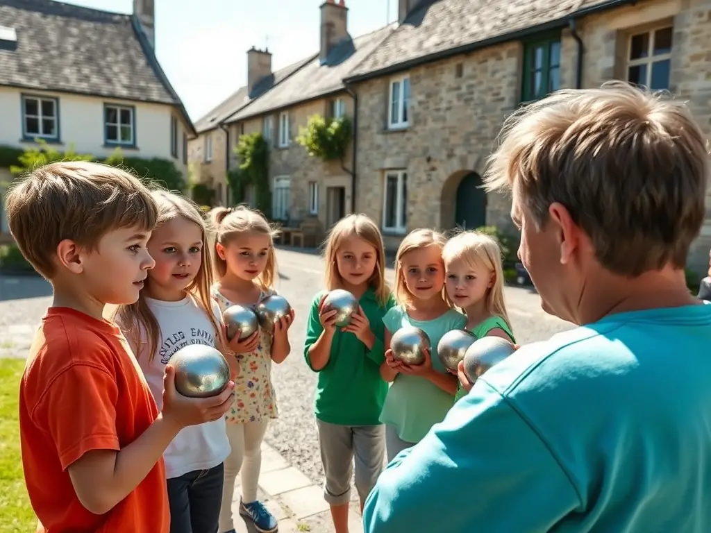 A photograph capturing a group of children learning the basics of boule bretonne, guided by experienced club members, set against the backdrop of a sunny Breton village square.