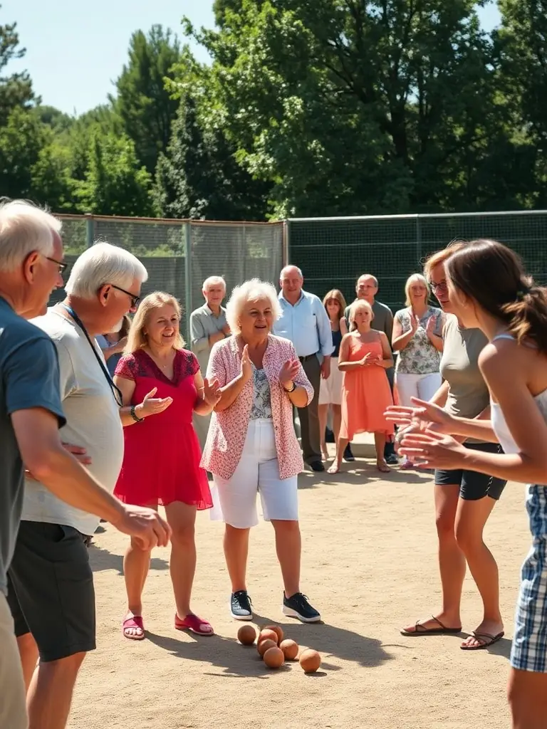 A vibrant image capturing a boule bretonne competition in Pluzunet, showcasing players of all ages engaged in a friendly match, with spectators cheering in the background.