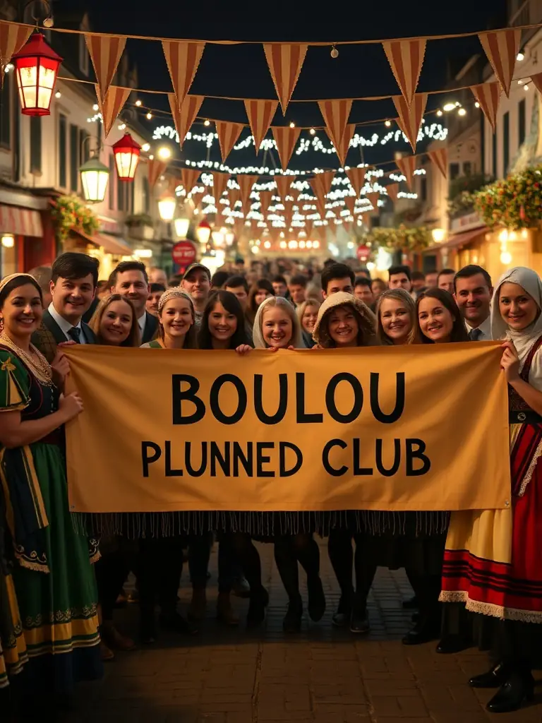 A photo of club members participating in a local Breton festival, proudly displaying the BOULOU PLUNED CLUB banner and engaging with the community.