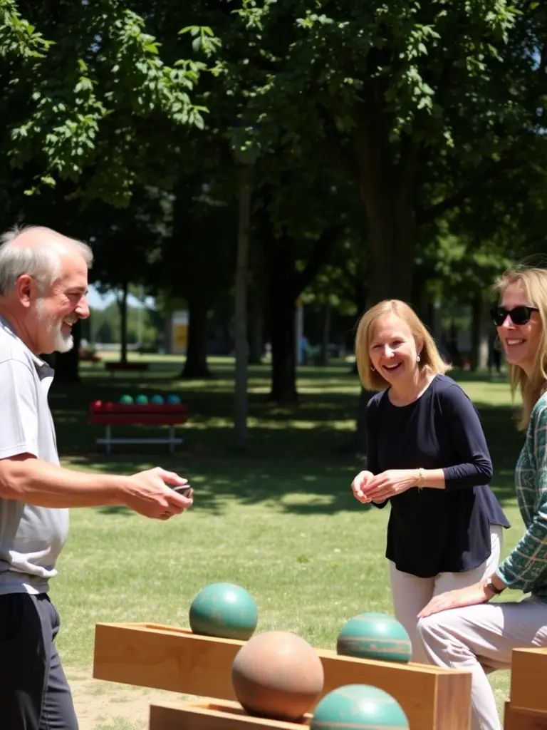 A group of club members enjoying a friendly boule game during a social gathering, emphasizing the camaraderie and community spirit.