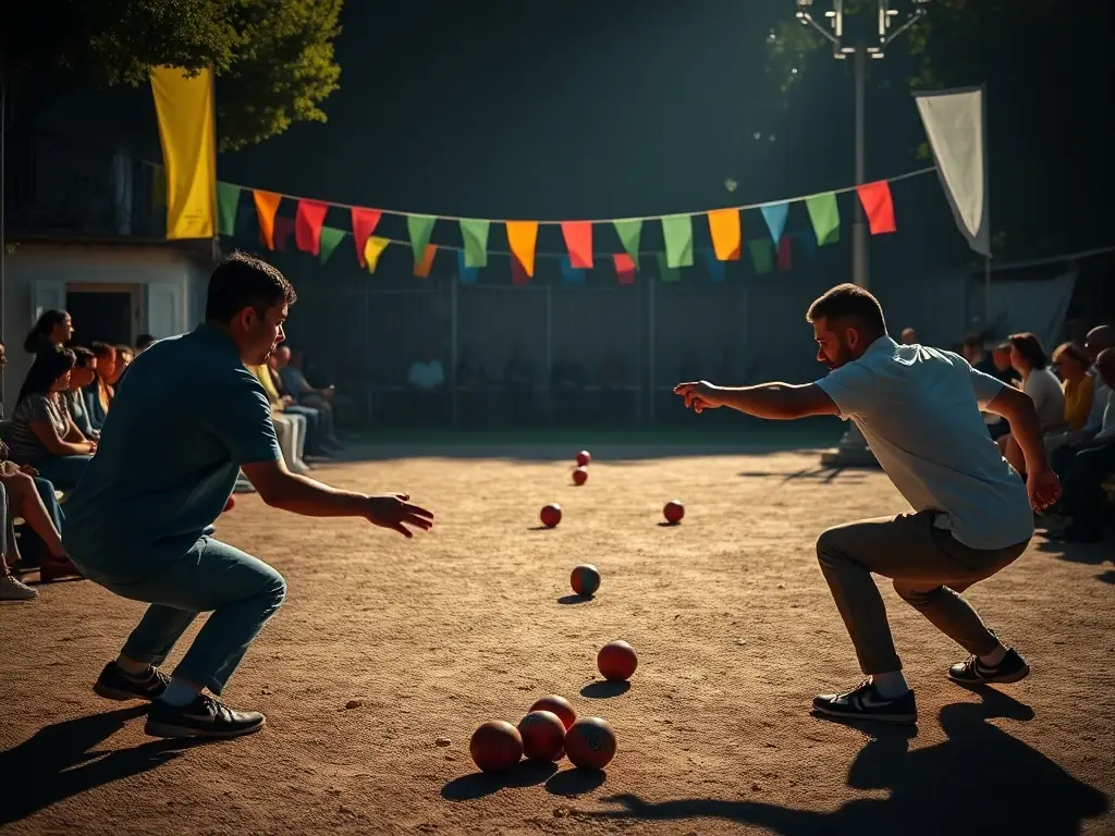 An image showcasing a competitive boule bretonne tournament, with players focused on their throws and spectators cheering them on, highlighting the intensity and excitement of the sport.