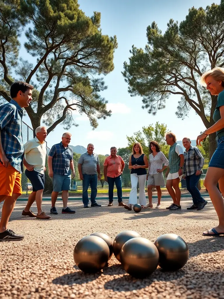 Image of club members participating in a boule bretonne training session, focusing on technique and skill development, set against the backdrop of the Pluzunet countryside.