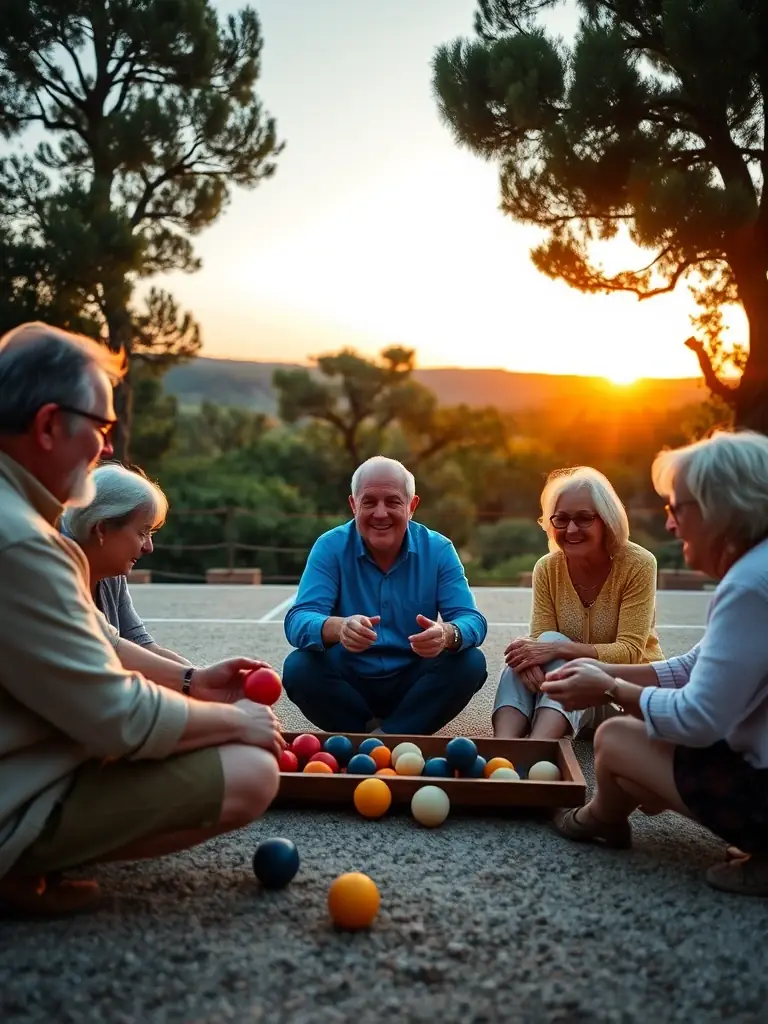 An image of club members participating in a boule bretonne training session, with an experienced player providing guidance and instruction to newcomers.