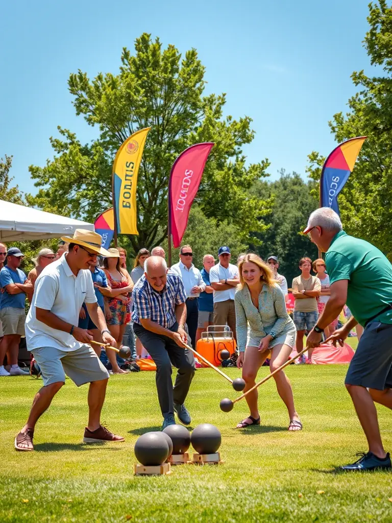 A photograph capturing a lively boule bretonne competition in Pluzunet, with participants of all ages engaged in the game, showcasing the community spirit and traditional aspect of the sport.